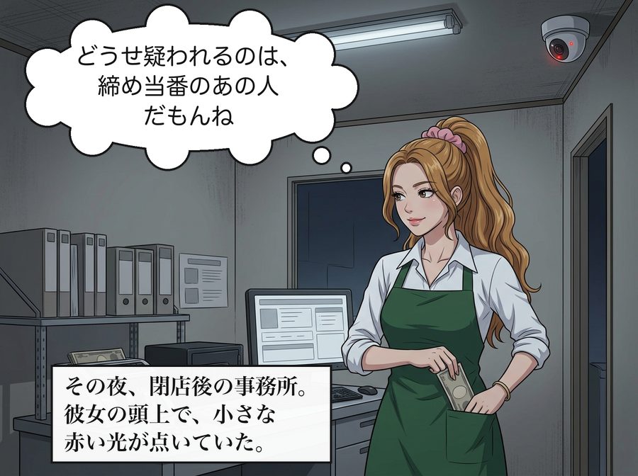 古川玲奈「どうせ疑われるのは、締め当番のあの人だもんね」 その夜、閉店後の事務所。彼女の頭上で、小さな赤い光が点いていた。