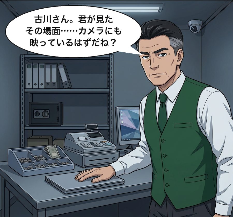 大野店長「古川さん。君が見たその場面……カメラにも映っているはずだね？」