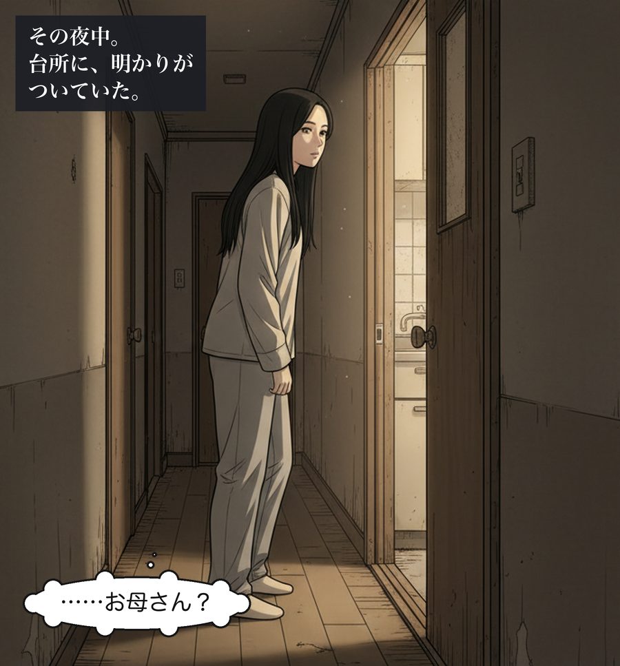 その夜中。台所に、明かりがついていた。 森下美咲「……お母さん？」