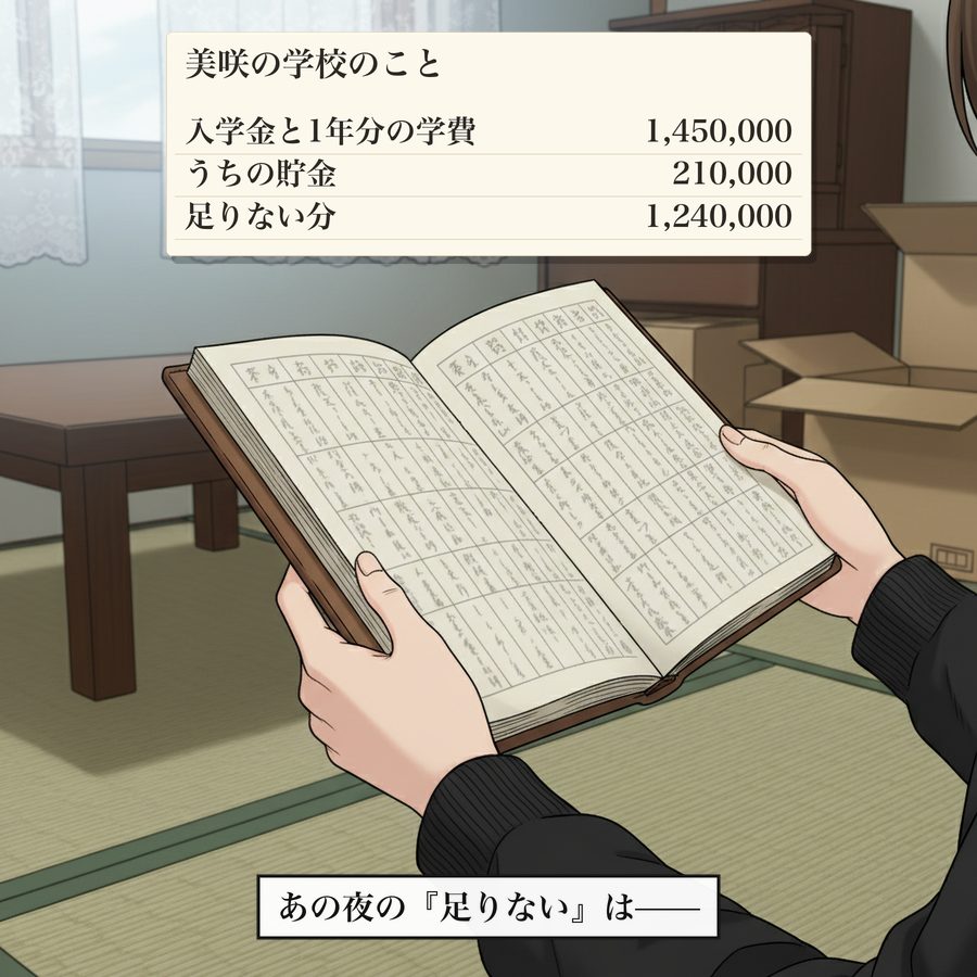 美咲の学校のこと：入学金と1年分の学費 1,450,000 うちの貯金 210,000 足りない分 1,240,000 あの夜の『足りない』は——