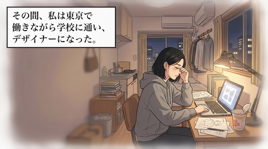 その間、私は東京で働きながら学校に通い、デザイナーになった。