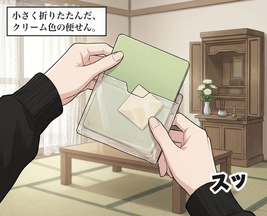 小さく折りたたんだ、クリーム色の便せん。 スッ