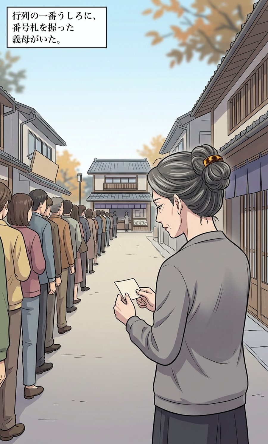 行列の一番うしろに、番号札を握った義母がいた。