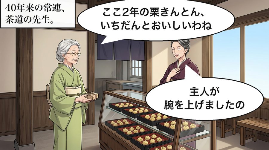 40年来の常連、茶道の先生。 茶道の先生「ここ2年の栗きんとん、いちだんとおいしいわね」 登美子「主人が腕を上げましたの」