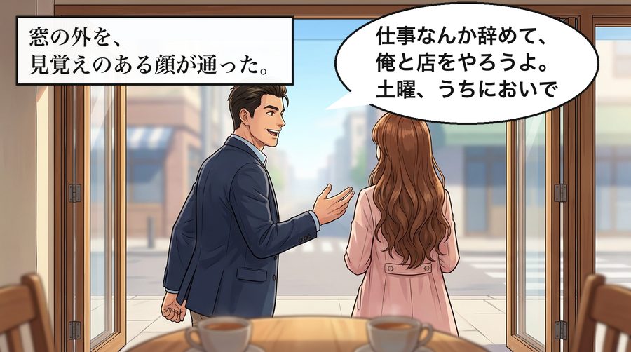 窓の外を、見覚えのある顔が通った。 浩司「仕事なんか辞めて、俺と店をやろうよ。土曜、うちにおいで」