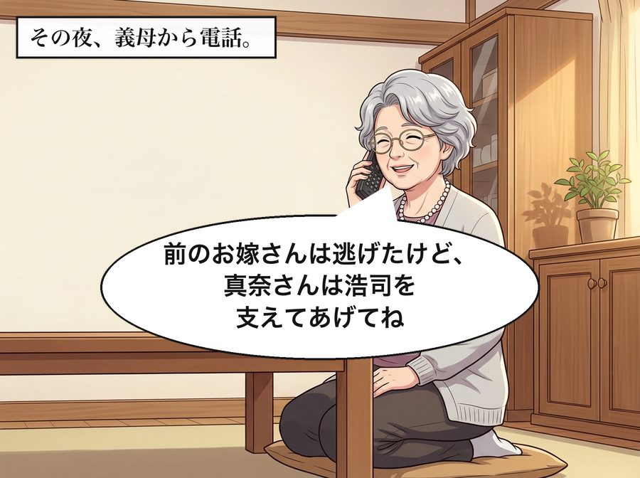 その夜、義母から電話。 浩司の母「前のお嫁さんは逃げたけど、真奈さんは浩司を支えてあげてね」