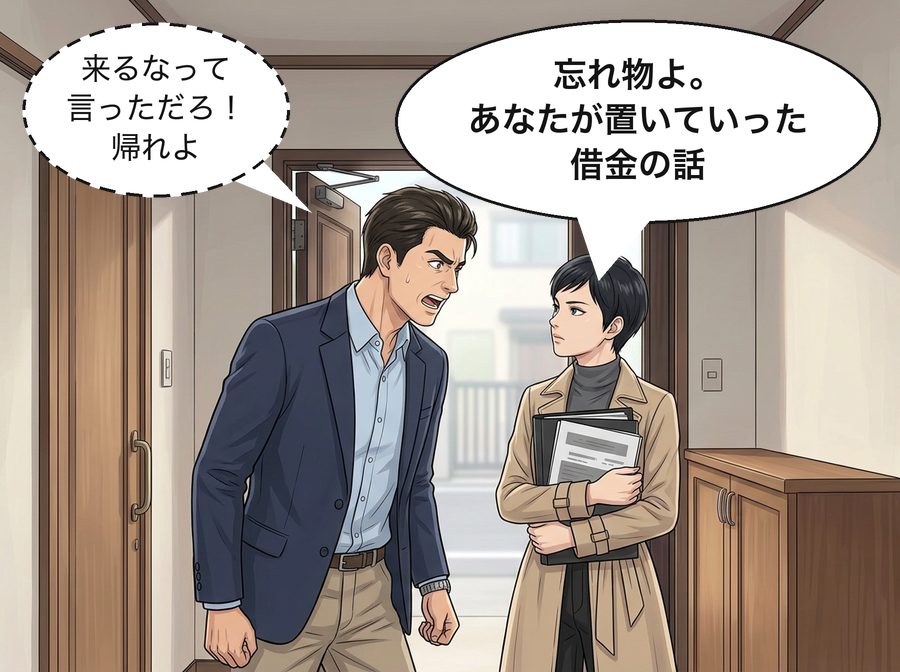 浩司「来るなって言っただろ！帰れよ」 千尋「忘れ物よ。あなたが置いていった借金の話」