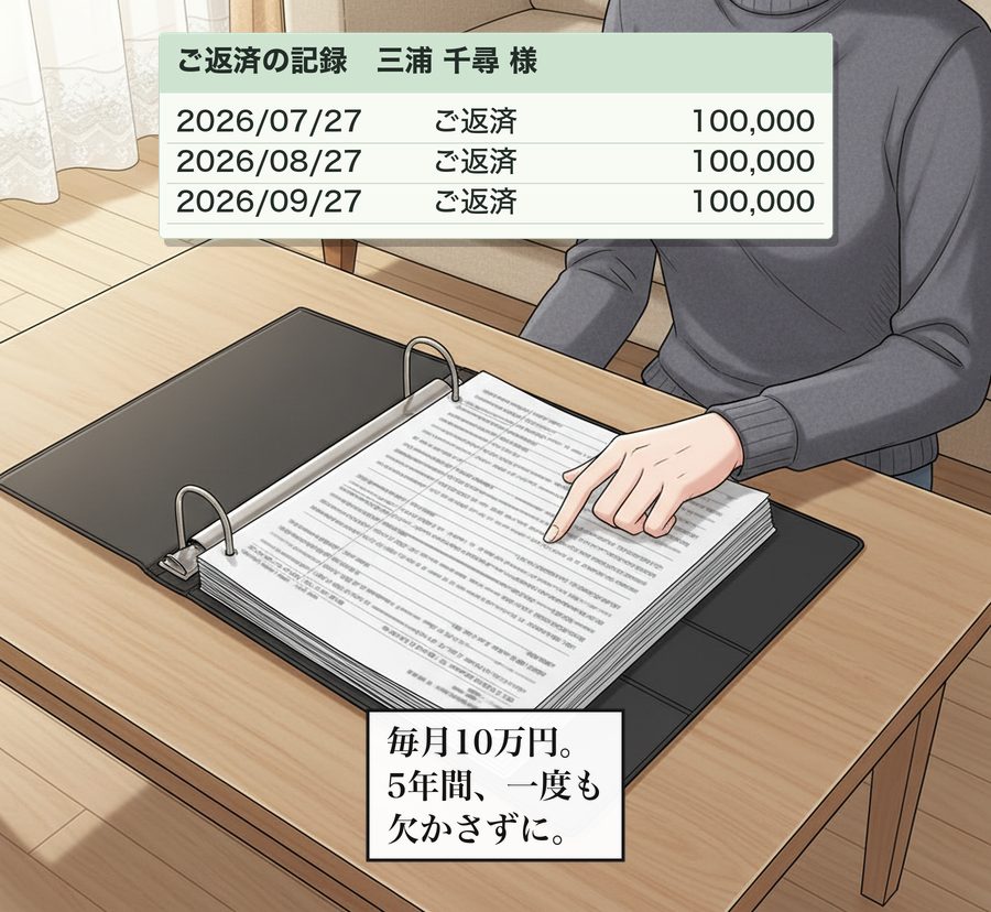 ご返済の記録　三浦 千尋 様：2026/07/27 ご返済 100,000 2026/08/27 ご返済 100,000 2026/09/27 ご返済 100,000 毎月10万円。5年間、一度も欠かさずに。