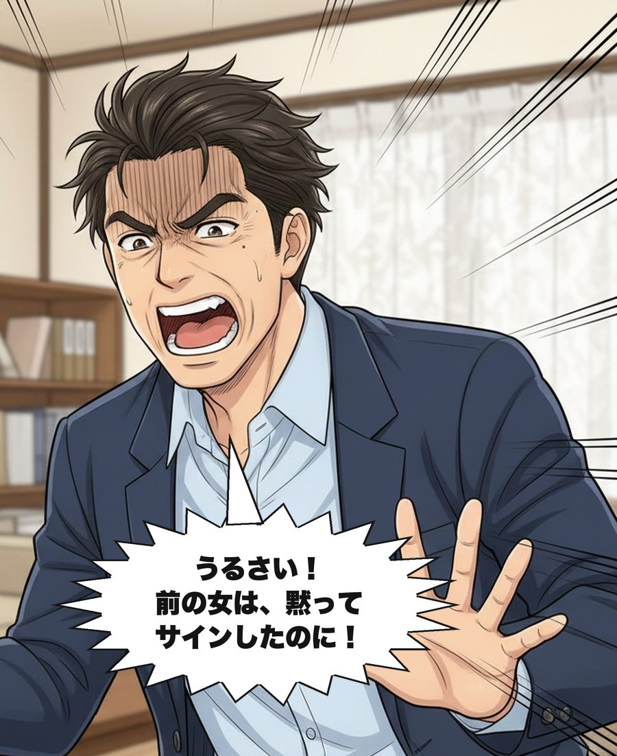 浩司「うるさい！前の女は、黙ってサインしたのに！」