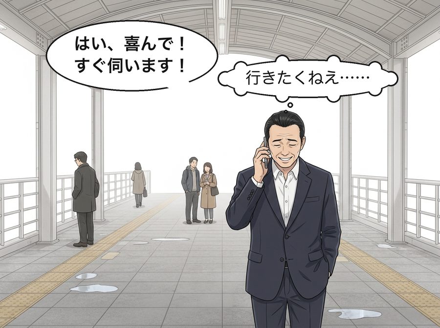 通勤中の会社員「はい、喜んで！すぐ伺います！」 通勤中の会社員「行きたくねえ……」