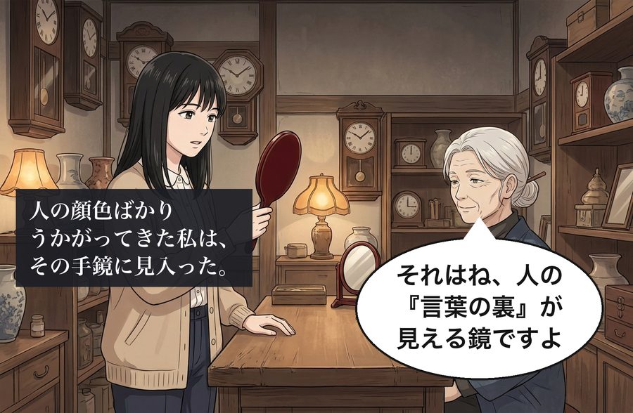 人の顔色ばかりうかがってきた私は、その手鏡に見入った。 古道具屋の店主「それはね、人の『言葉の裏』が見える鏡ですよ」