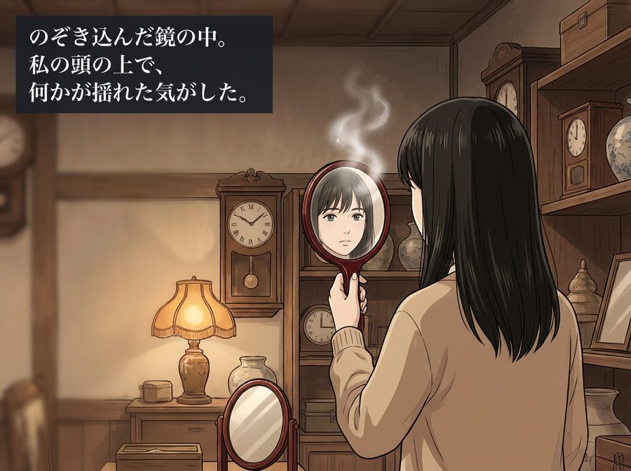 のぞき込んだ鏡の中。私の頭の上で、何かが揺れた気がした。