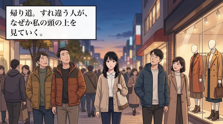 帰り道。すれ違う人が、なぜか私の頭の上を見ていく。